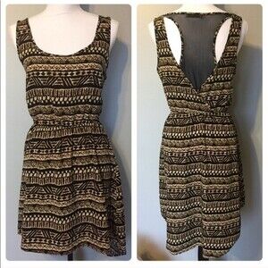 Michael Farrell Dress Black & Tan Southwest Print High Low Mesh Racer Back Midi